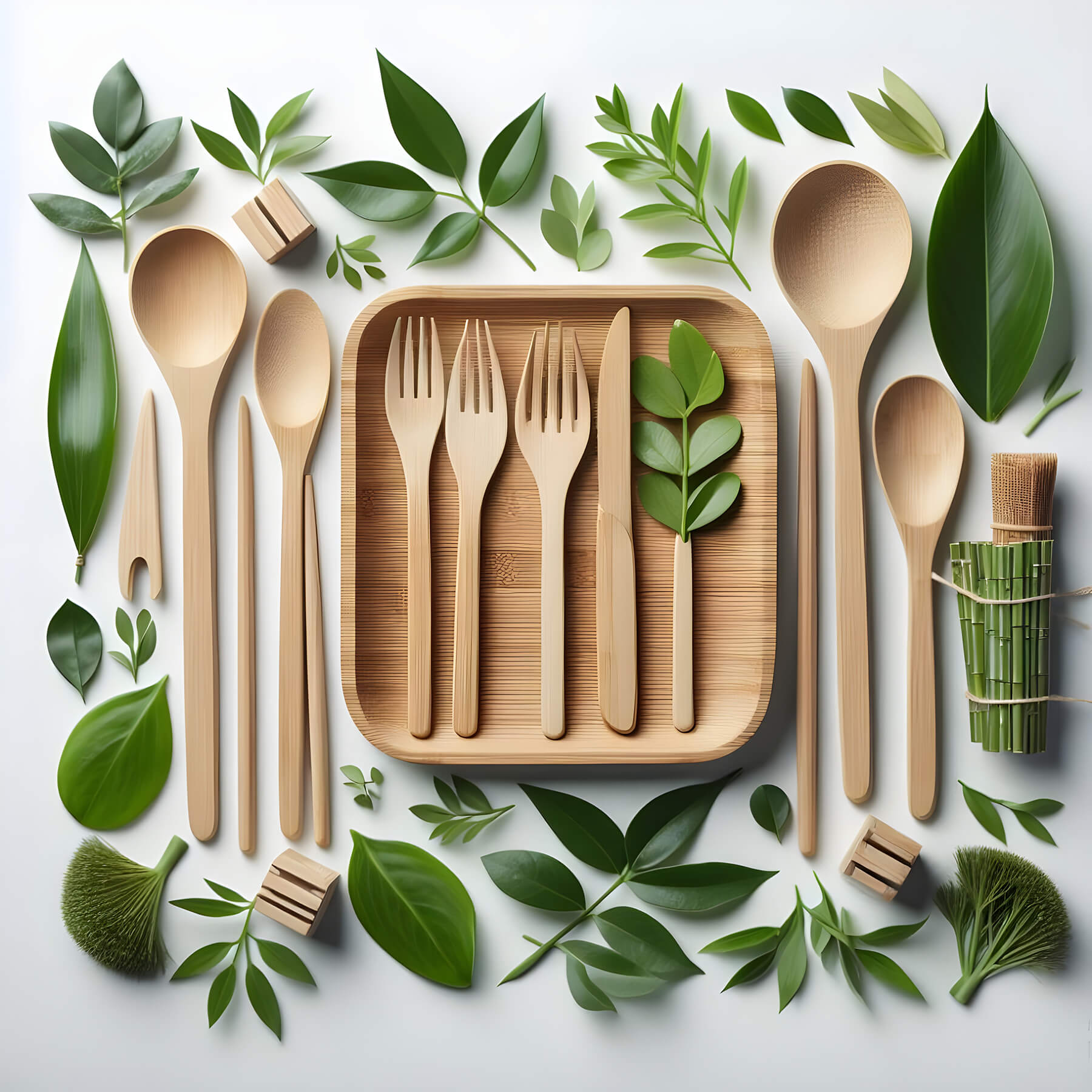flatlay-eco-friendly-bamboo-cutlery-with-green-foliage-white-background-ai-generative